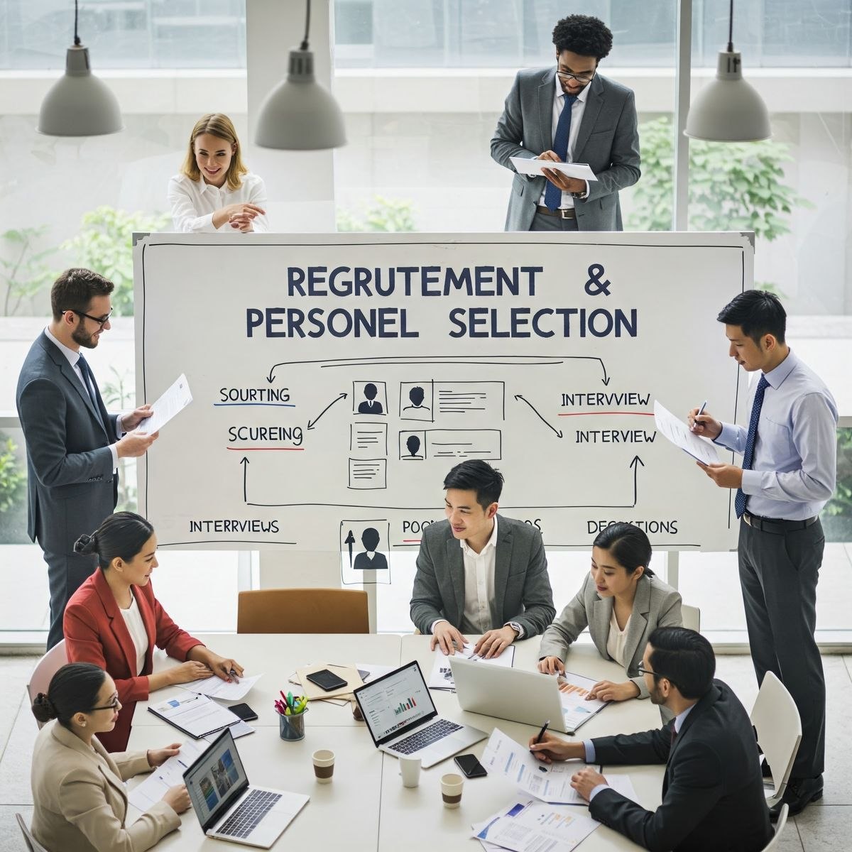 Equipa de recrutamento e seleção a analisar candidaturas numa sala de reuniões